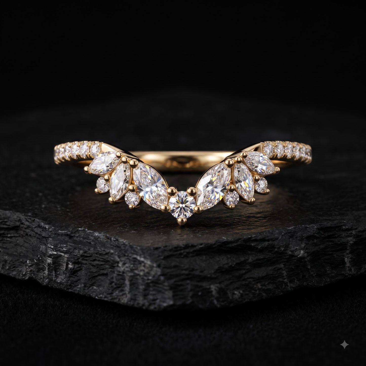 0.600 ct Marquise & Round Cut Lab Grown Diamond V Shape Curved  Band Ring