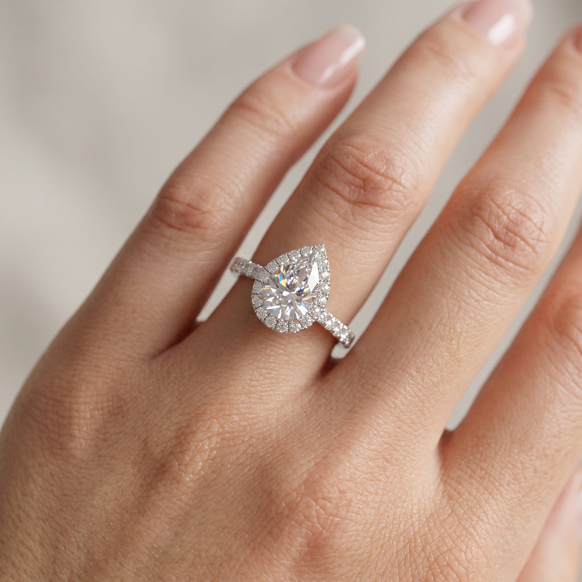 1.00ct Pear Cut Halo Pave Lab-Grown Engagement Ring
