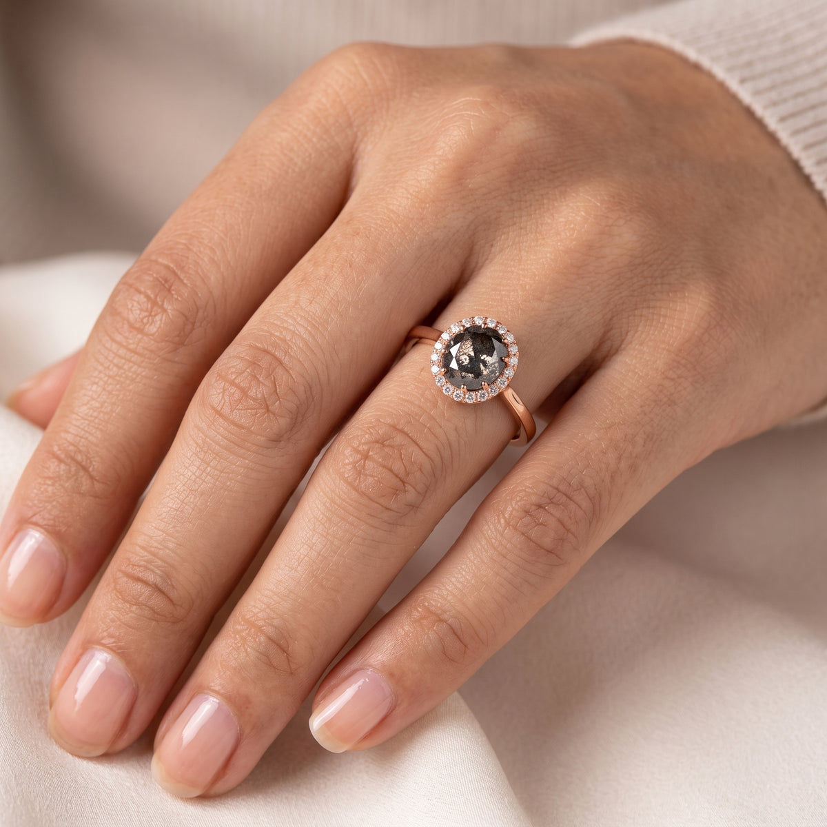 1.00ct Salt And Pepper Round Rose Cut Diamond Ring