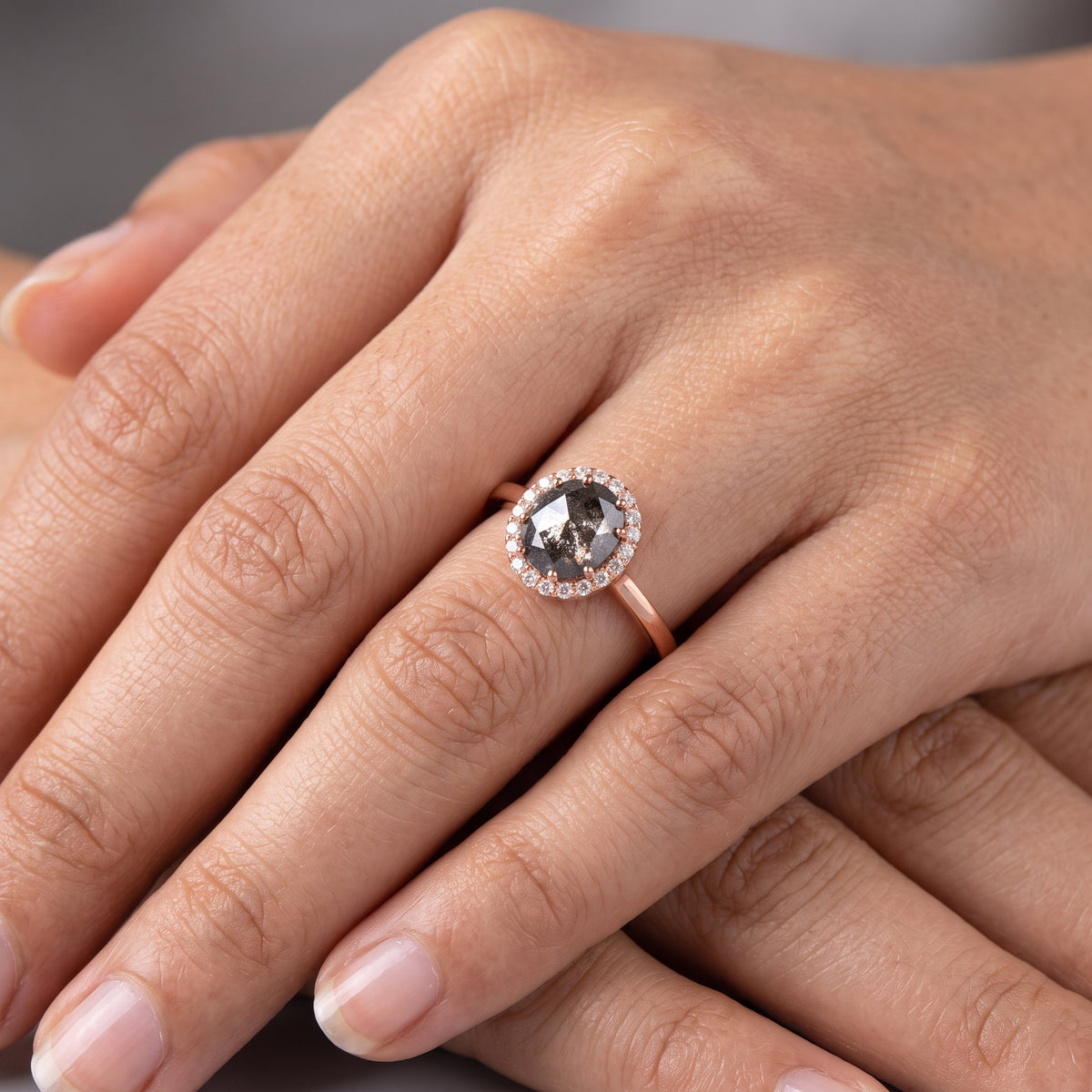 1.00ct Salt And Pepper Round Rose Cut Diamond Ring