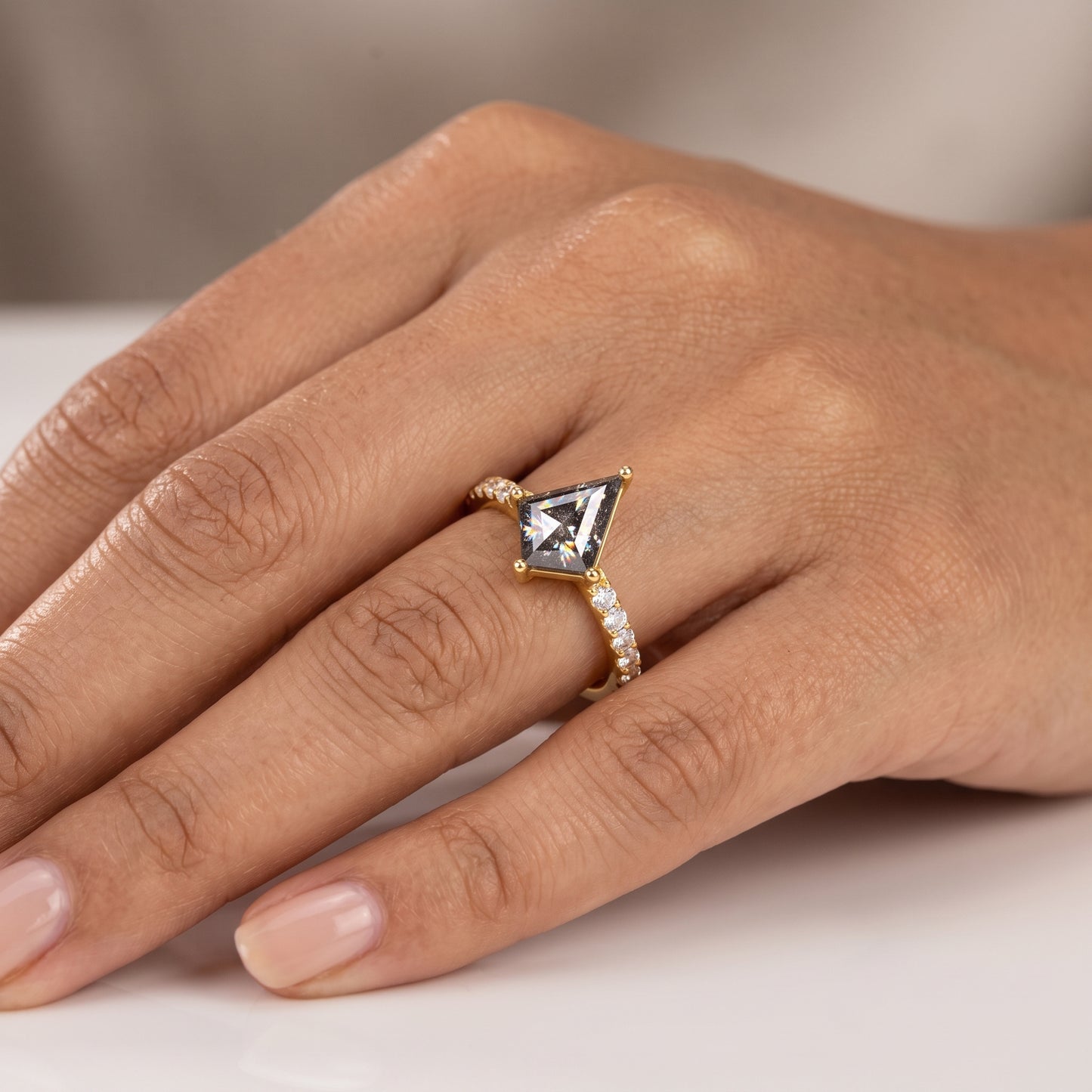 1.29ct Kite cut salt and pepper Engagement Diamond Ring