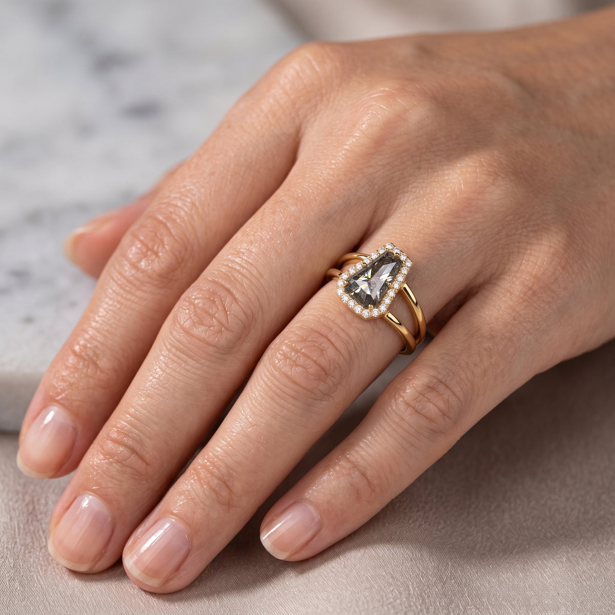 1.00ct Coffin cut salt and pepper Diamond Halo Ring
