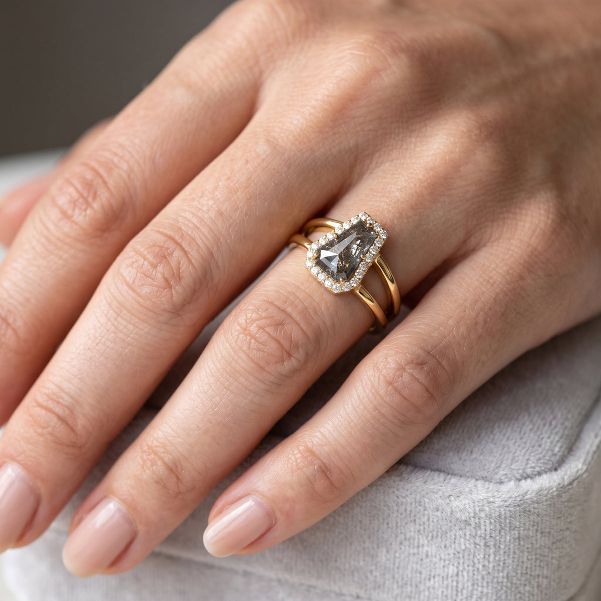 1.00ct Coffin cut salt and pepper Diamond Halo Ring