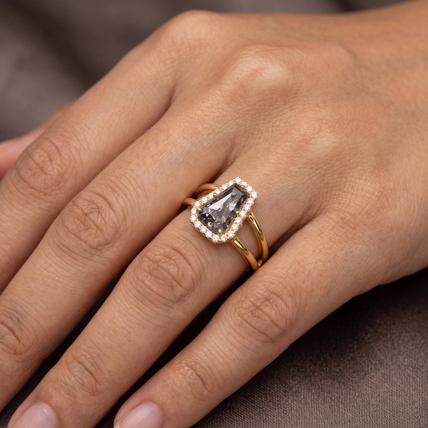 1.00ct Coffin cut salt and pepper Diamond Halo Ring