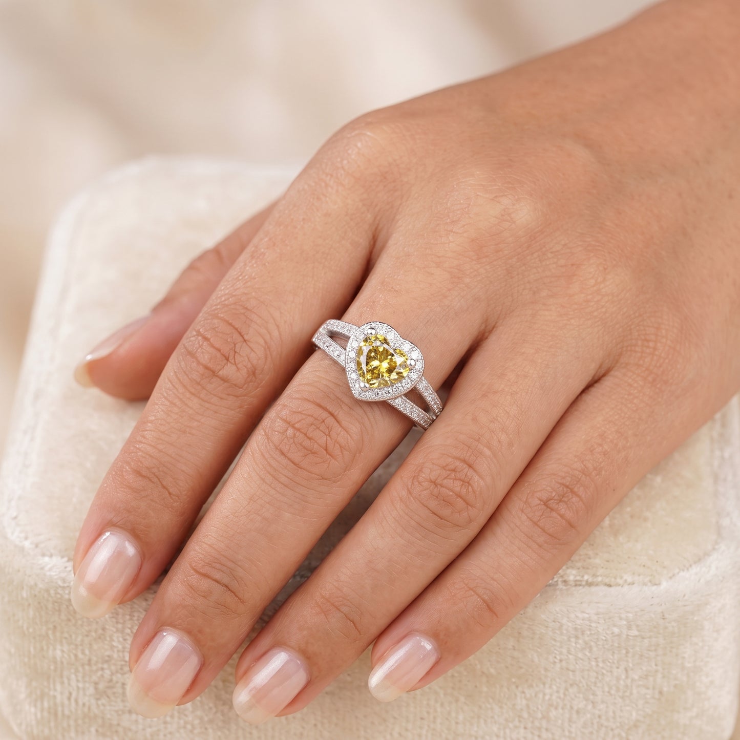 1.00CT Canary Yellow Heart Cut Halo Lab-Grown Engagement Ring