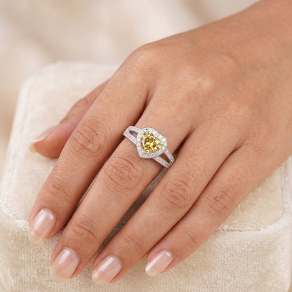 1.00CT Canary Yellow Heart Cut Halo Lab-Grown Engagement Ring