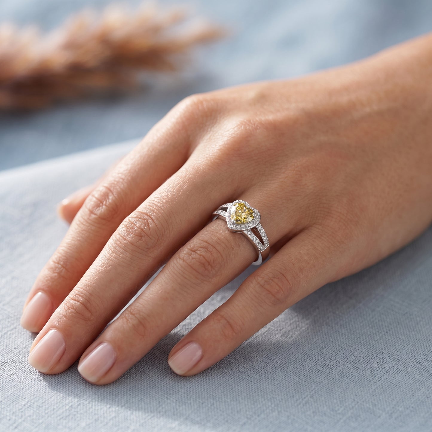 1.00CT Canary Yellow Heart Cut Halo Lab-Grown Engagement Ring