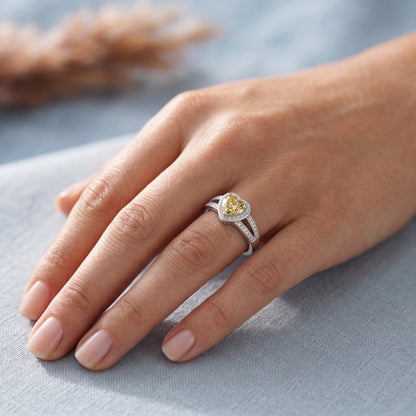 1.00CT Canary Yellow Heart Cut Halo Lab-Grown Engagement Ring