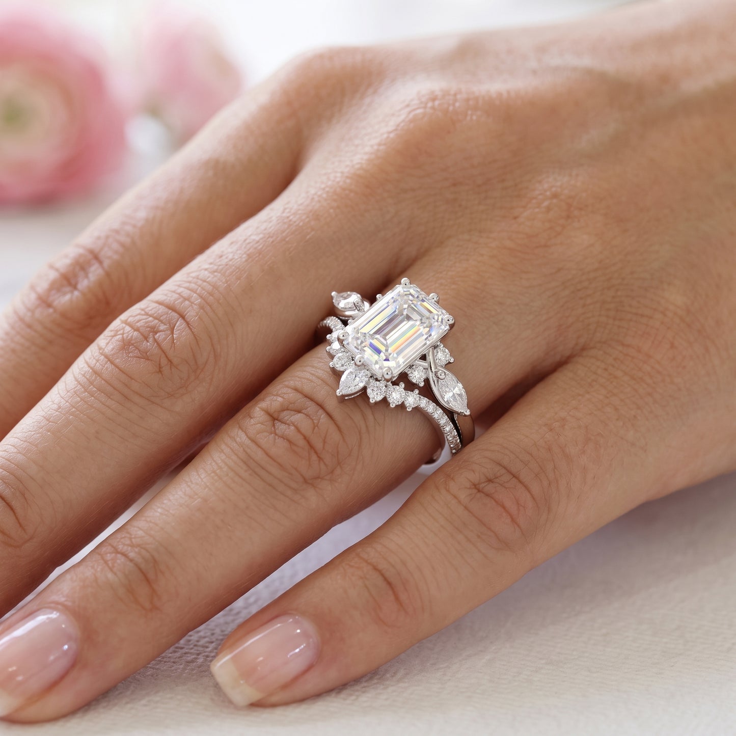 2.130ct Emerald Cut Lab-Grown Diamond Engagement Ring Set