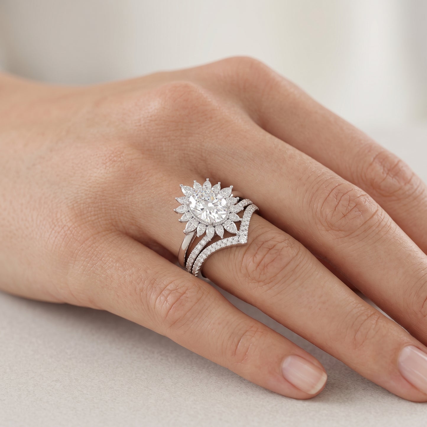 2.70 Ct Oval Cut Lab-GrownBridal Ring Set Floral Halo