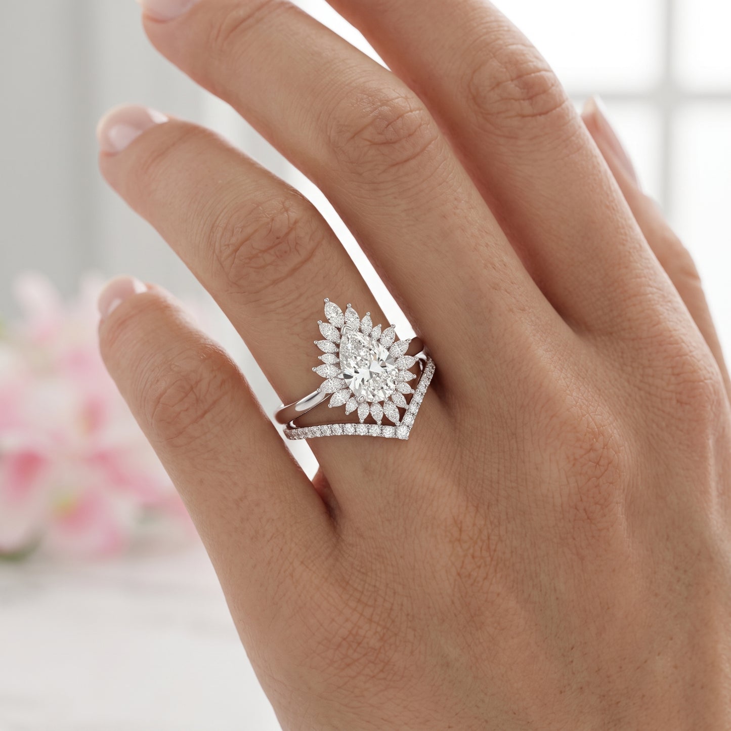 1.80 Ct Pear Cut Floral Halo Lab-Grown Ring Set