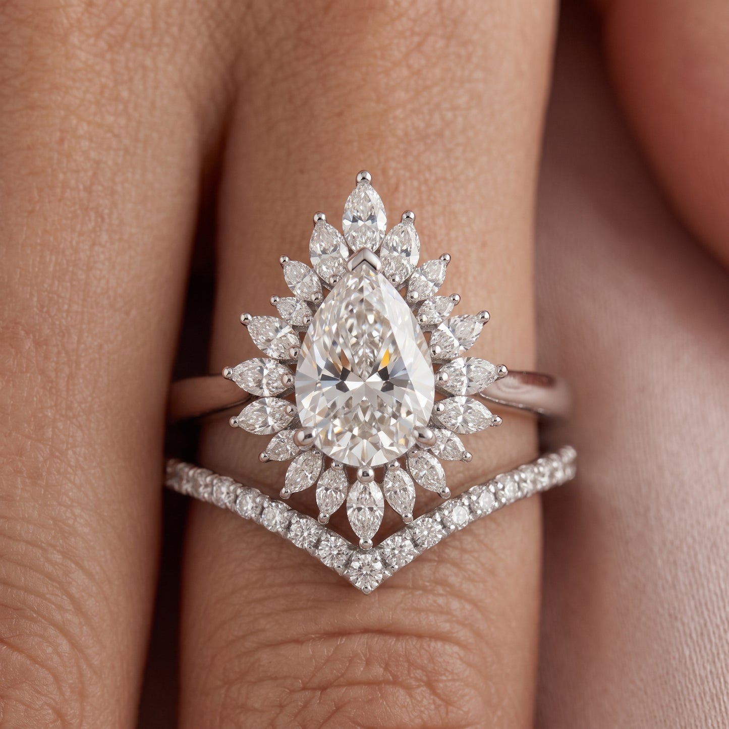 1.80 Ct Pear Cut Floral Halo Lab-Grown Ring Set