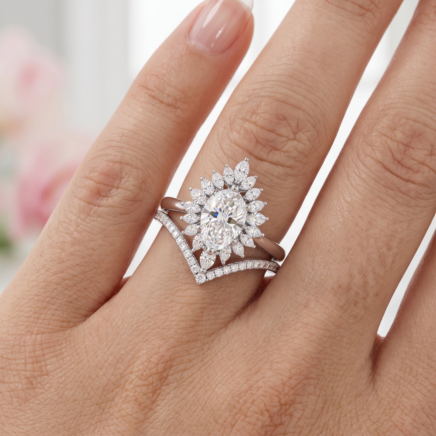 1.50 Ct Pear Cut Floral Halo Lab Grown Diamond Engagement Ring Set