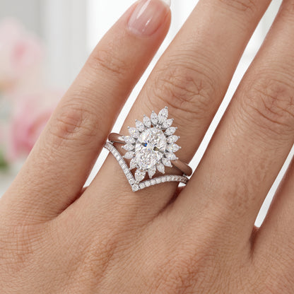1.50 Ct Pear Cut Floral Halo Lab Grown Diamond Engagement Ring Set