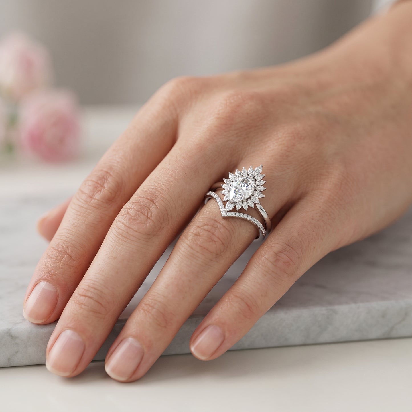 1.50 Ct Pear Cut Floral Halo Lab Grown Diamond Engagement Ring Set