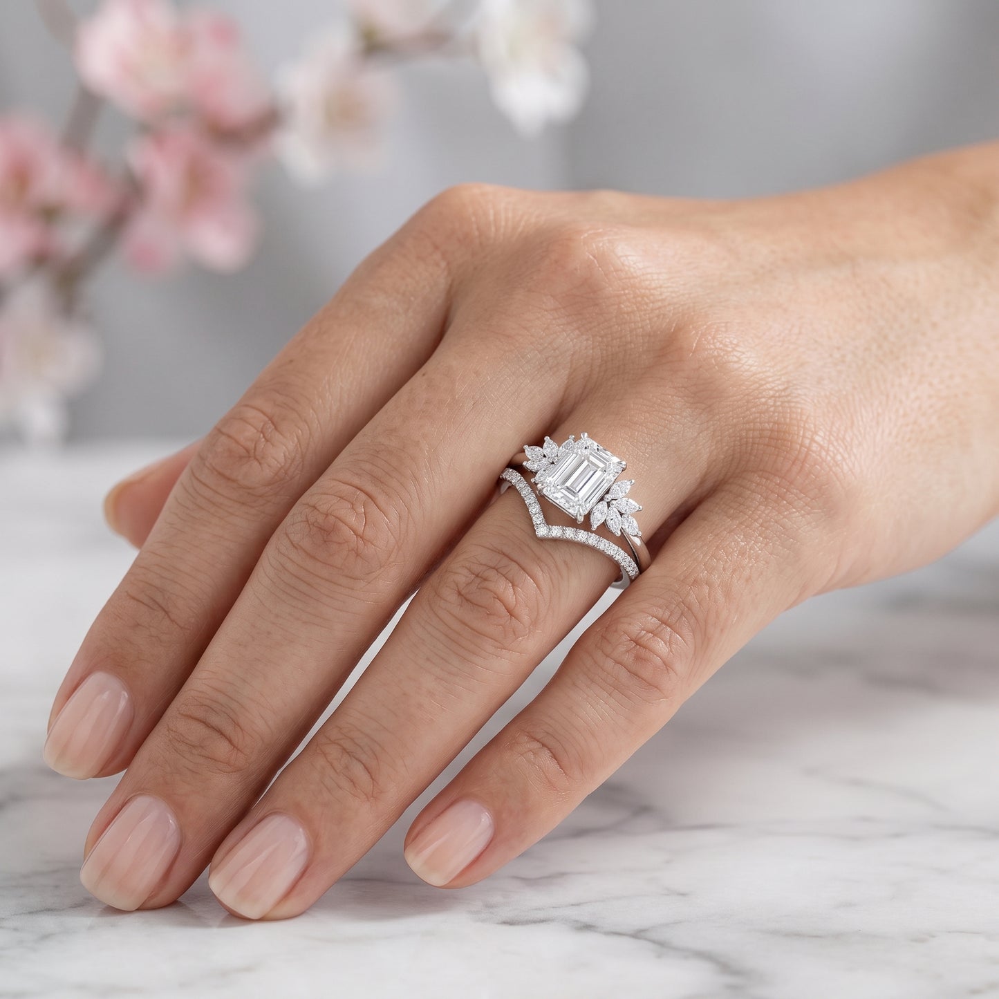 1.50 Ct Emerald Cut Lab-Grown Engagement Ring Set