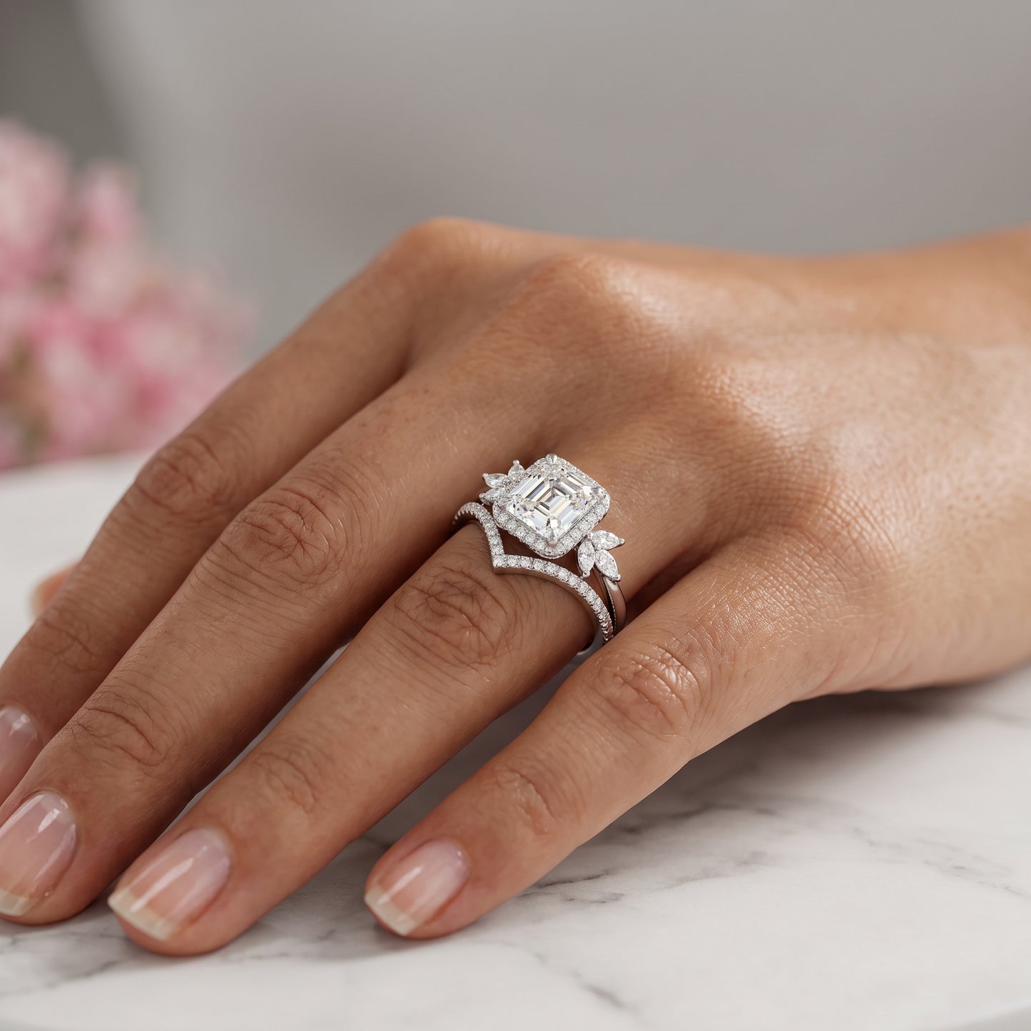 1.80 Ct Asscher Cut Lab-Grown Ring Set with Chevron Band