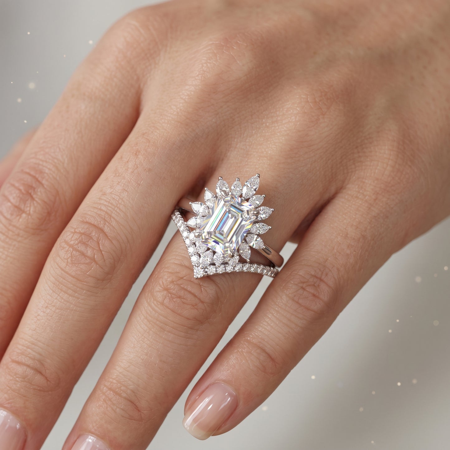 1.90 ct Emerald Cut Lab-Grown Floral Halo Engagement Ring