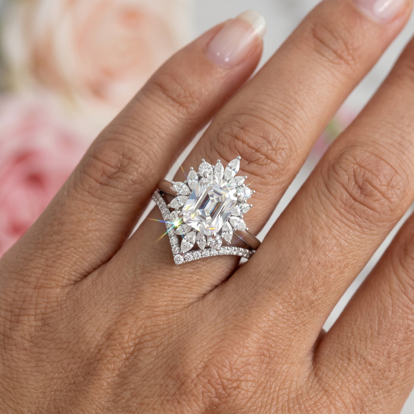 1.70 Ct Emerald Cut Lab-Grown Ring Set – Chevron Band