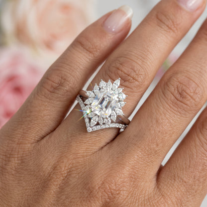 1.70 Ct Emerald Cut Lab-Grown Ring Set – Chevron Band
