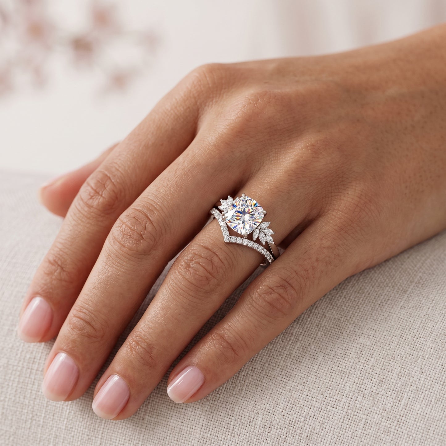 1.65 Ct Cushion Cut Diamond Ring Set – Chevron Wedding Band