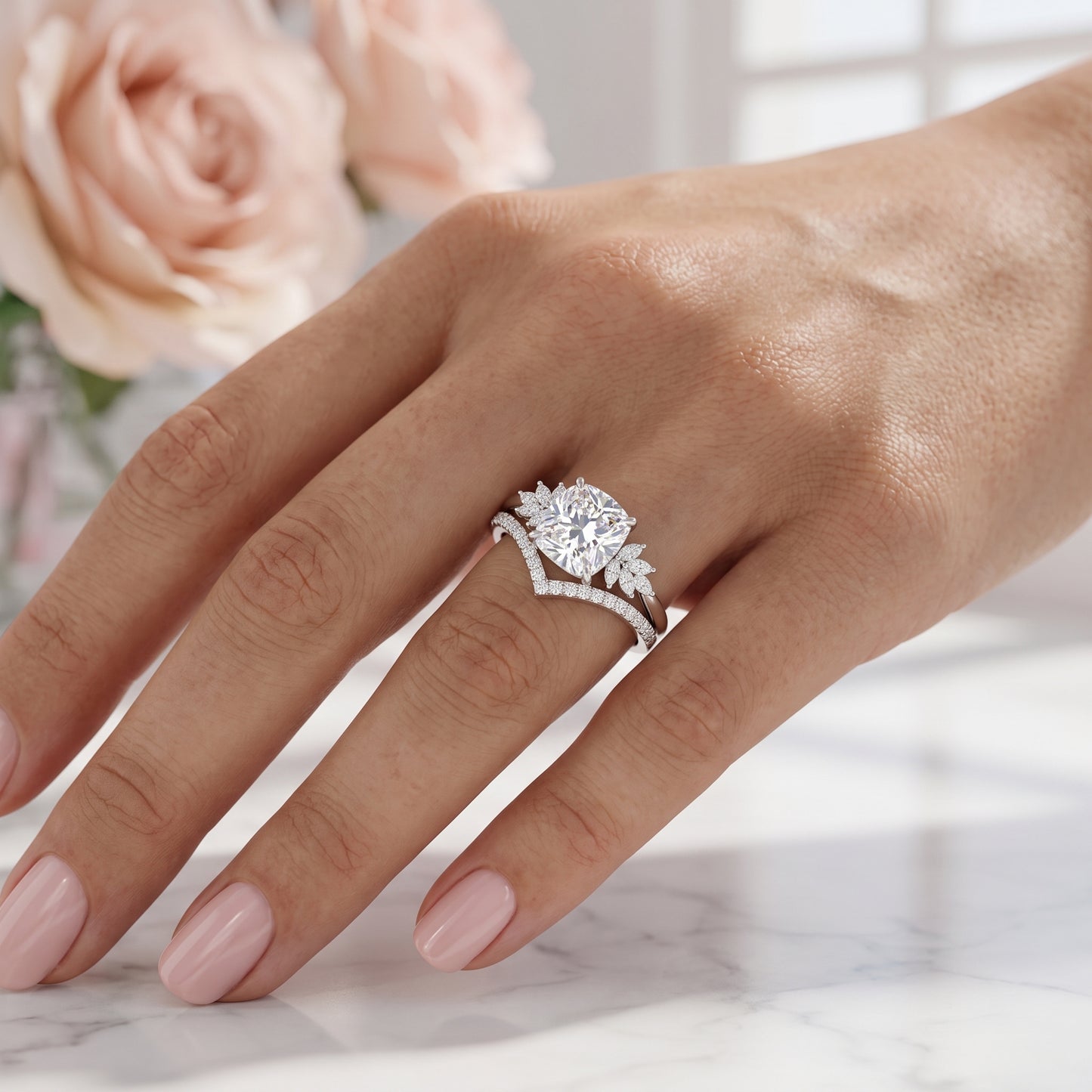 1.65 Ct Cushion Cut Diamond Ring Set – Chevron Wedding Band