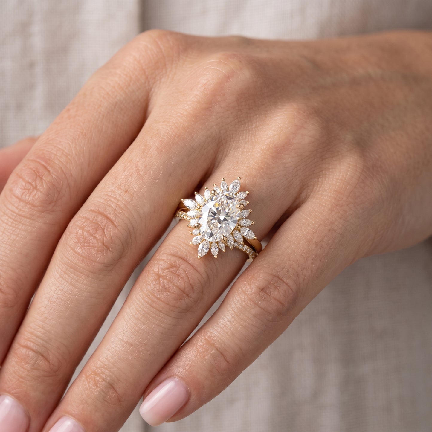 1.60 Ct Oval Lab-Grown Diamond Bridal Ring Set – Floral Halo