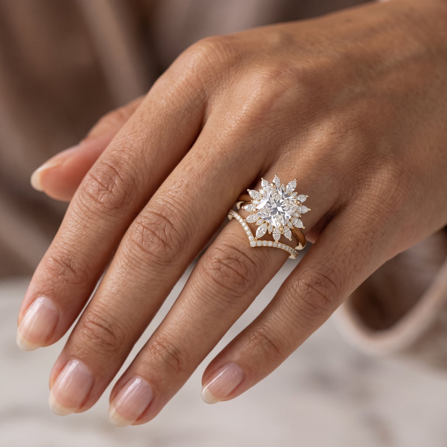 1.85 Ct Sunburst Diamond Bridal Set – Floral Halo Ring