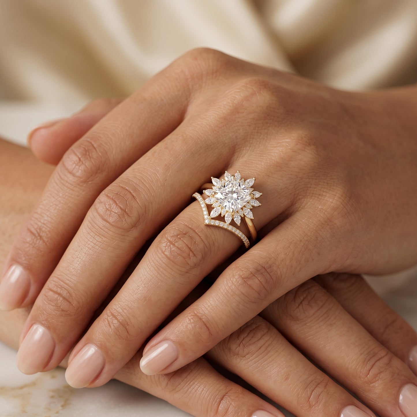 1.85 Ct Sunburst Diamond Bridal Set – Floral Halo Ring