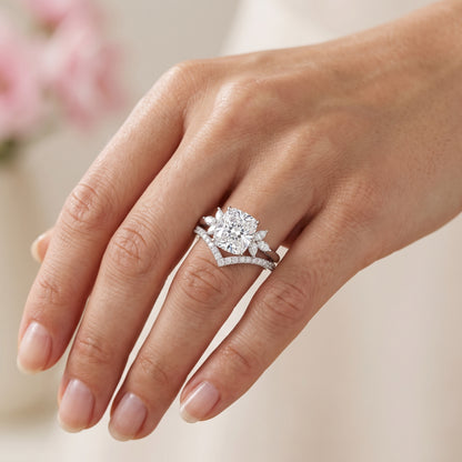 1.65 Ct Cushion Cut Diamond Bridal Set – Floral Halo Ring