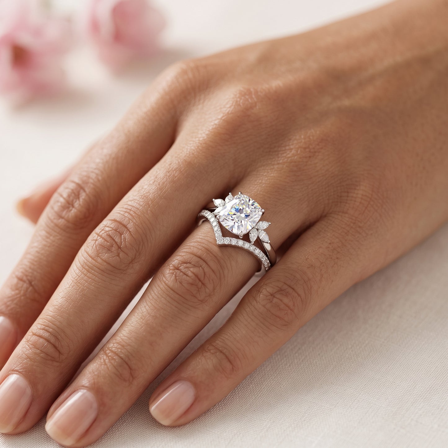 1.65 Ct Cushion Cut Diamond Bridal Set – Floral Halo Ring