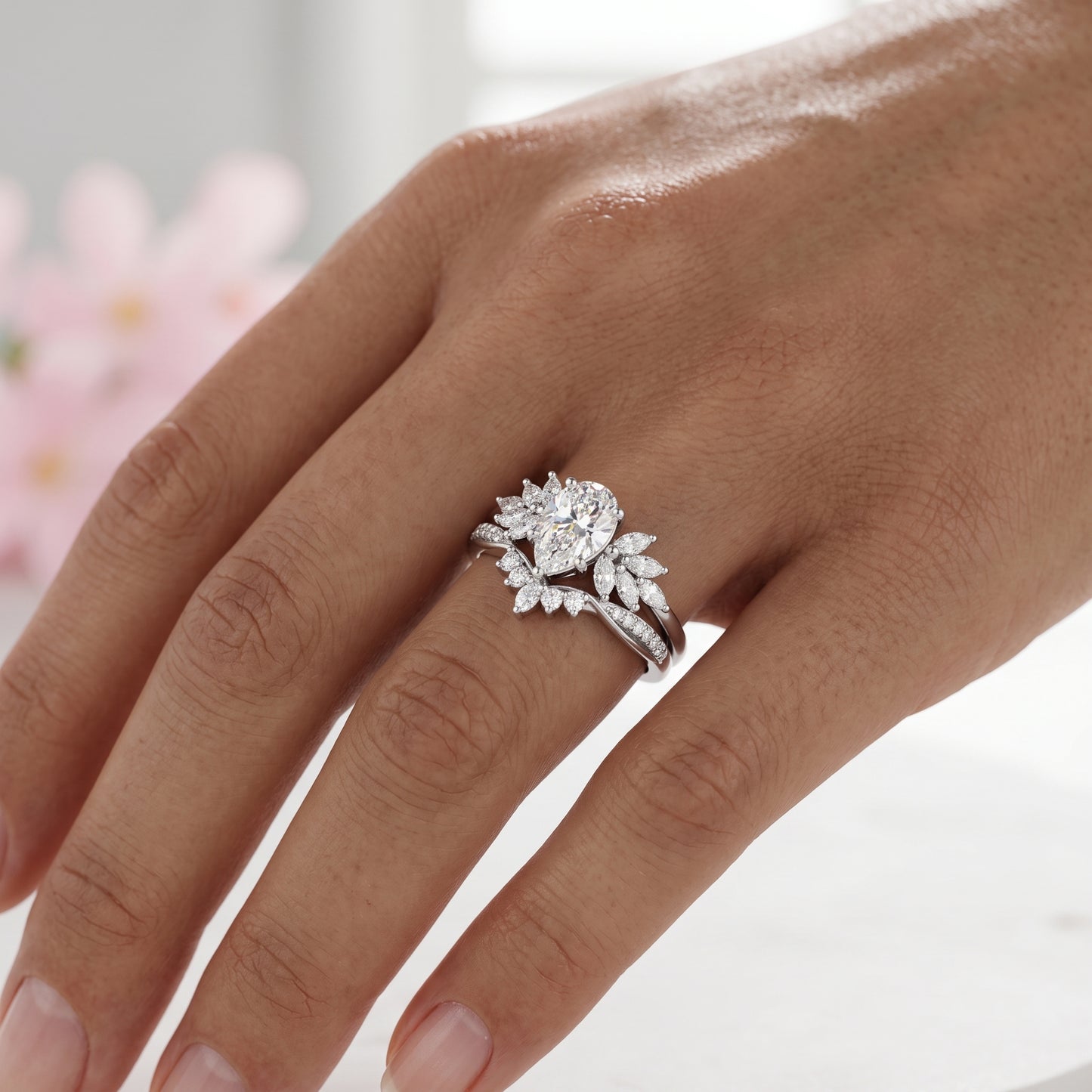1.70 Ct Pear Lab Diamond Bridal Set – Vintage Cluster Ring