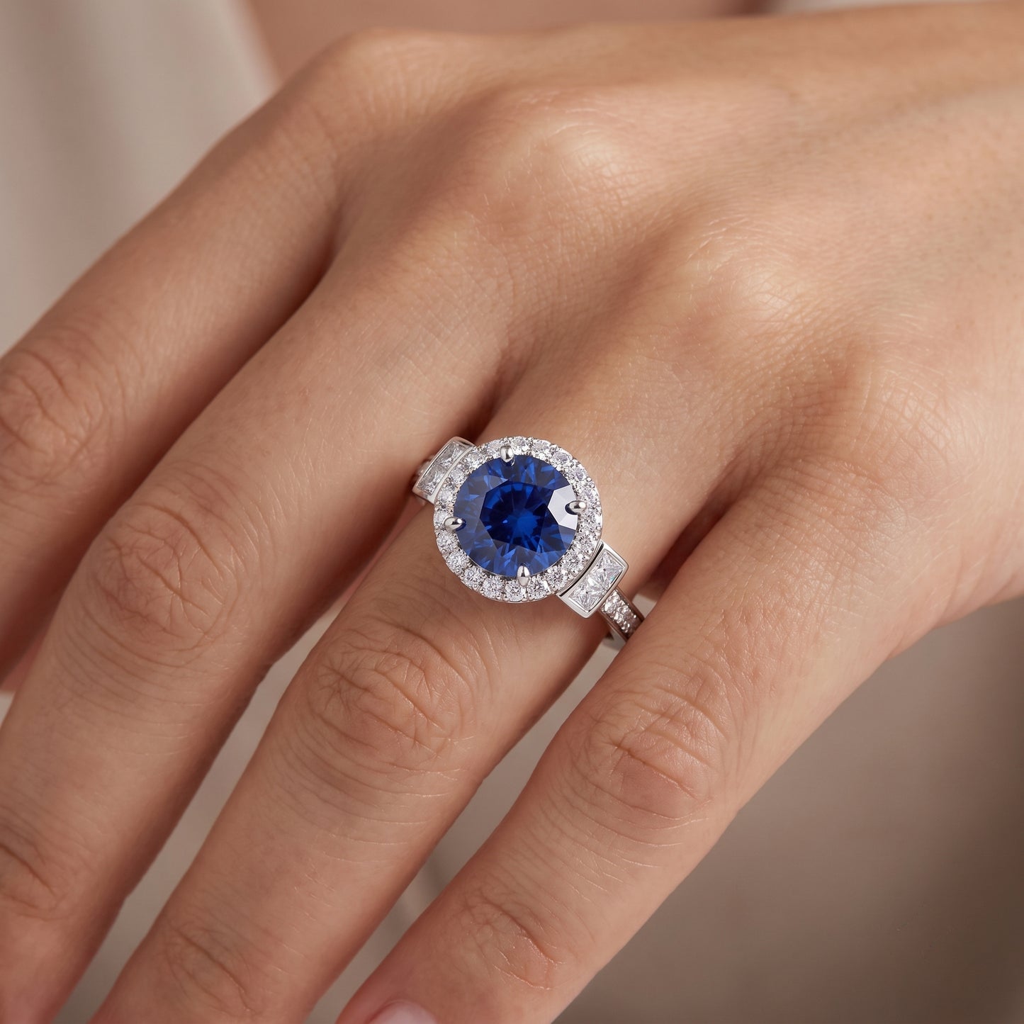 1.500 CT Round Cut Halo Blue Sapphire Lab Grown Diamond Engagement Ring