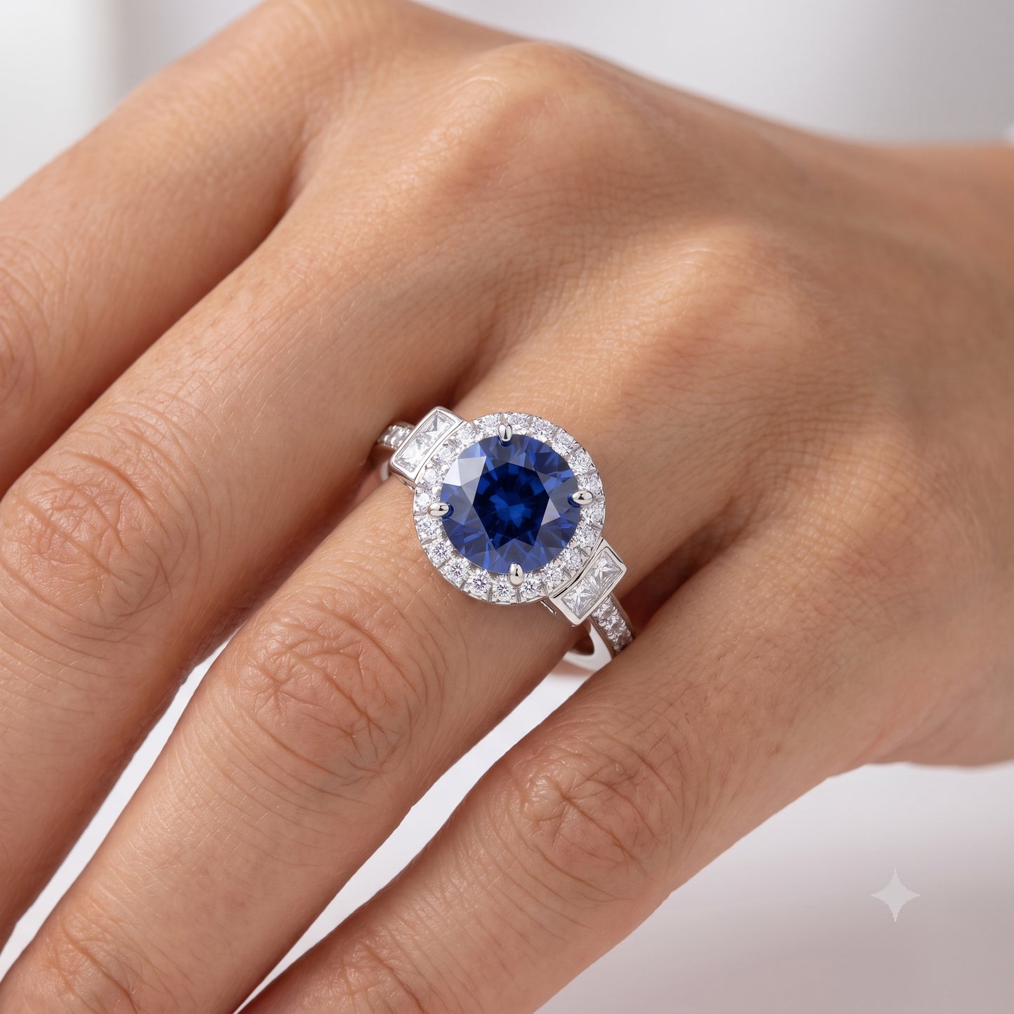 1.500 CT Round Cut Halo Blue Sapphire Lab Grown Diamond Engagement Ring