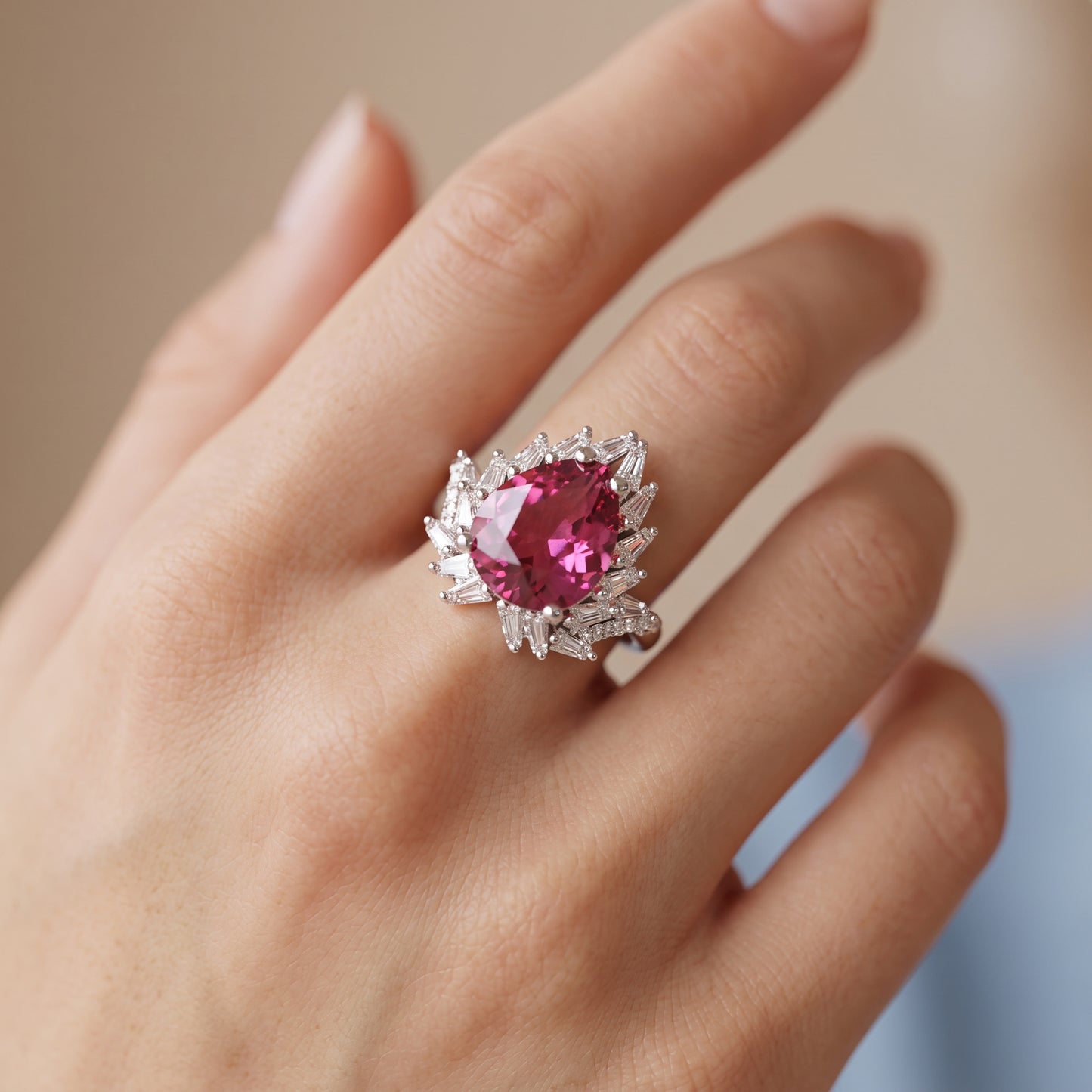 6.00 CT Pear Cut Ruby Lab Grown Diamond Halo Engagement Ring