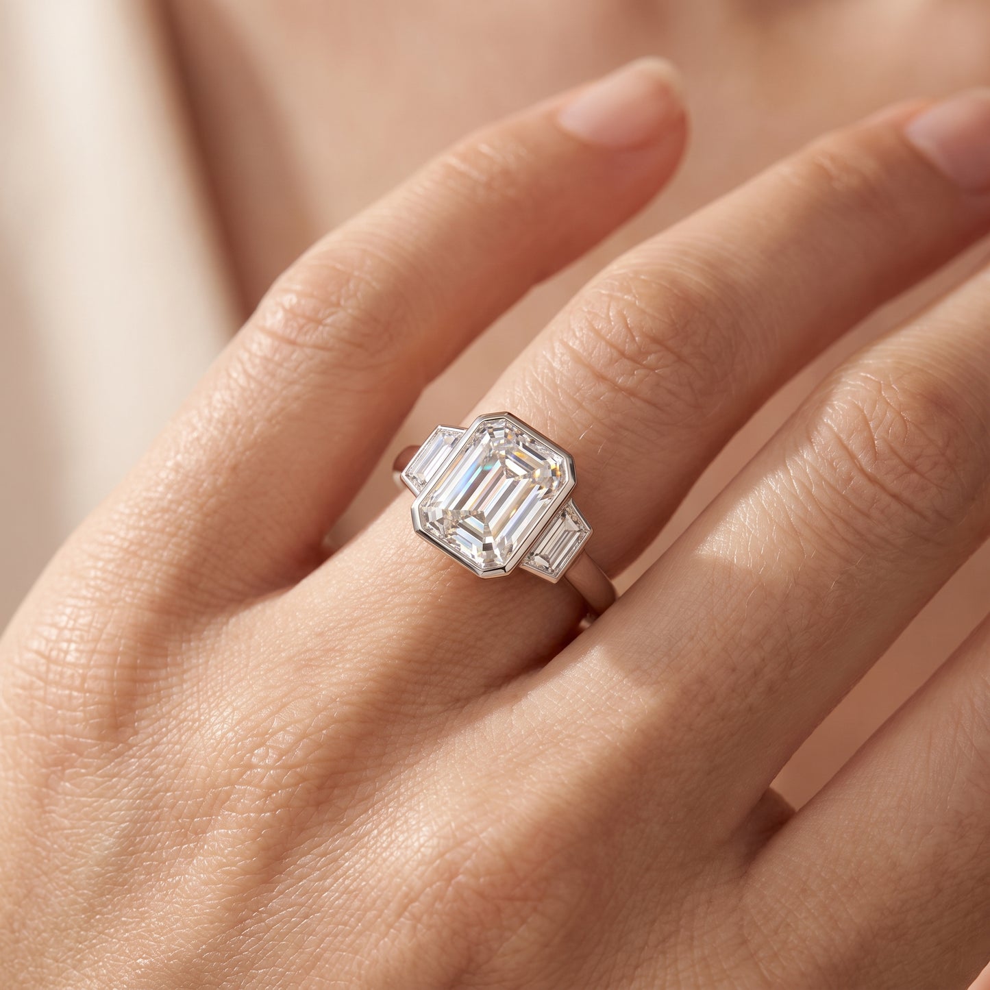 2.06 CT Emerald Cut Lab Grown Diamond Bezel Set Three Stone Engagement Ring