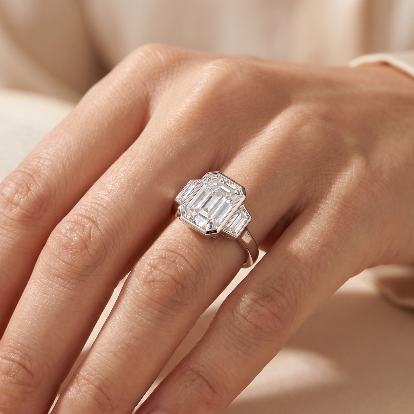 2.06 CT Emerald Cut Lab Grown Diamond Bezel Set Three Stone Engagement Ring