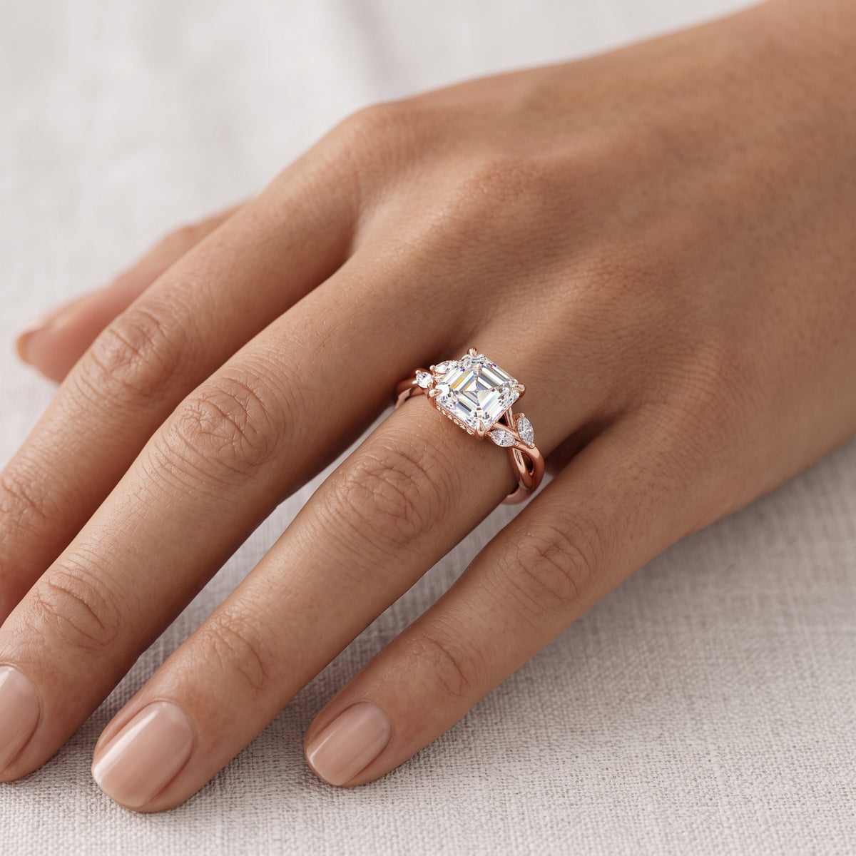 1. 1/5 Carat Asscher Cut Lab Grown Diamond Unique Twig and Leaf Ring