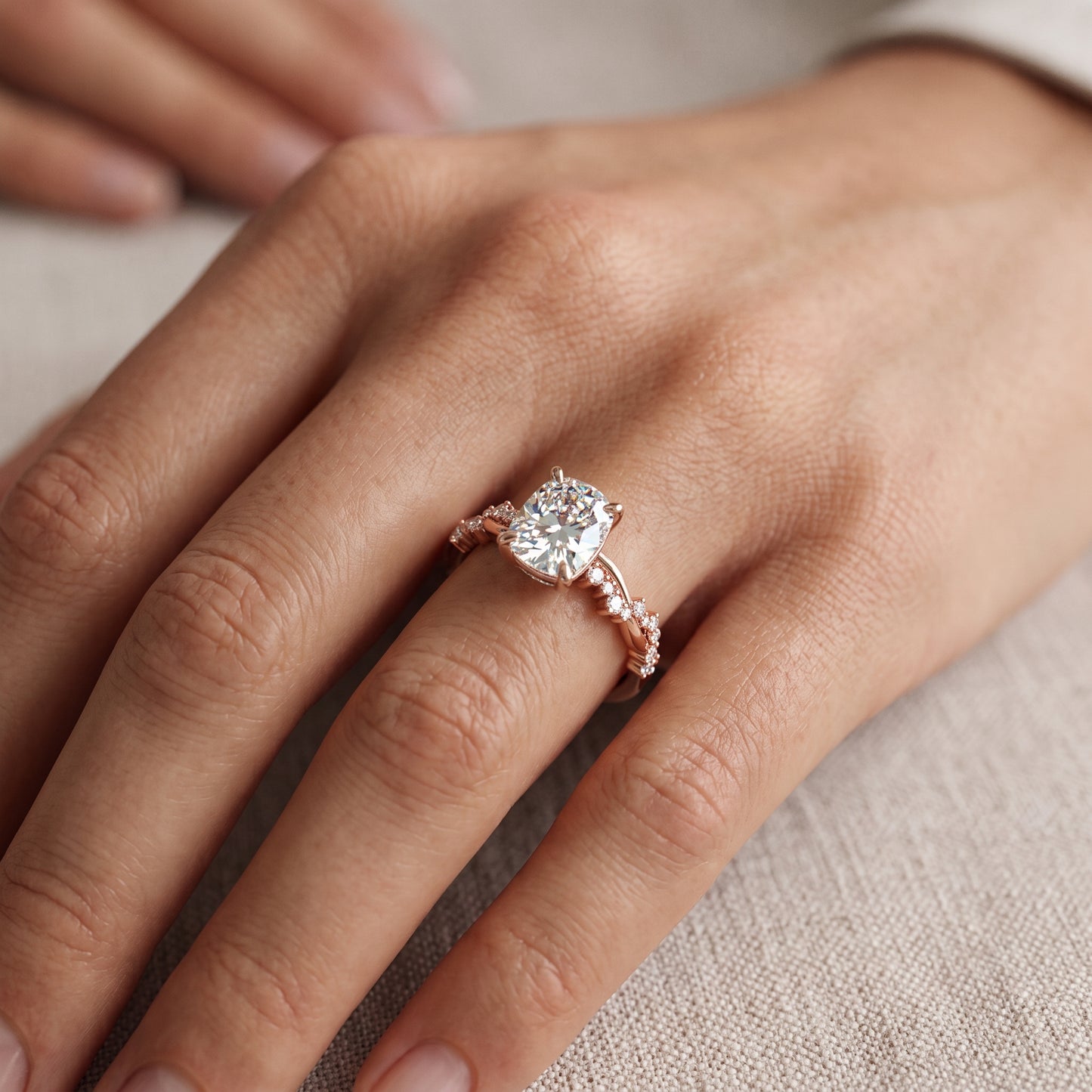 1.650 ct Elongated Cushion Cut Lab Grown Diamond Solitaire Twisted Pave Band Ring