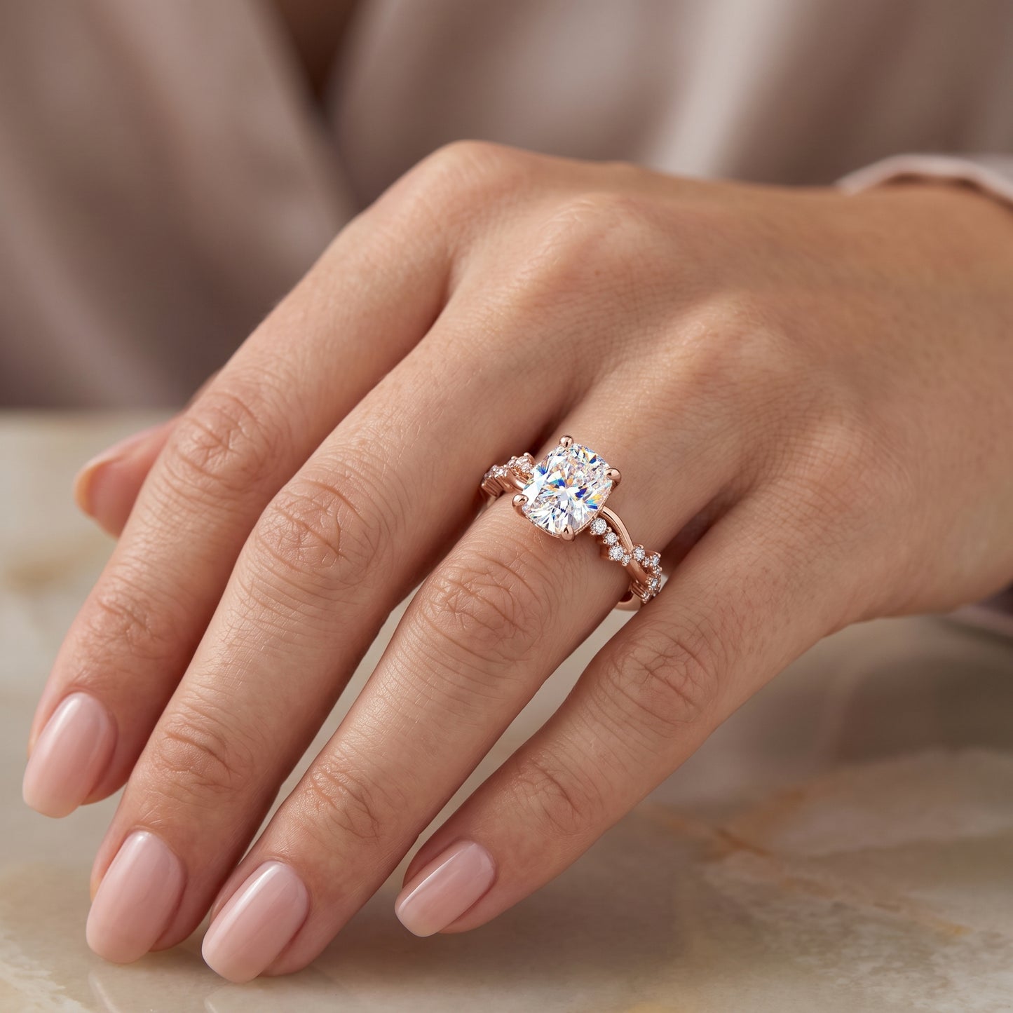 1.650 ct Elongated Cushion Cut Lab Grown Diamond Solitaire Twisted Pave Band Ring
