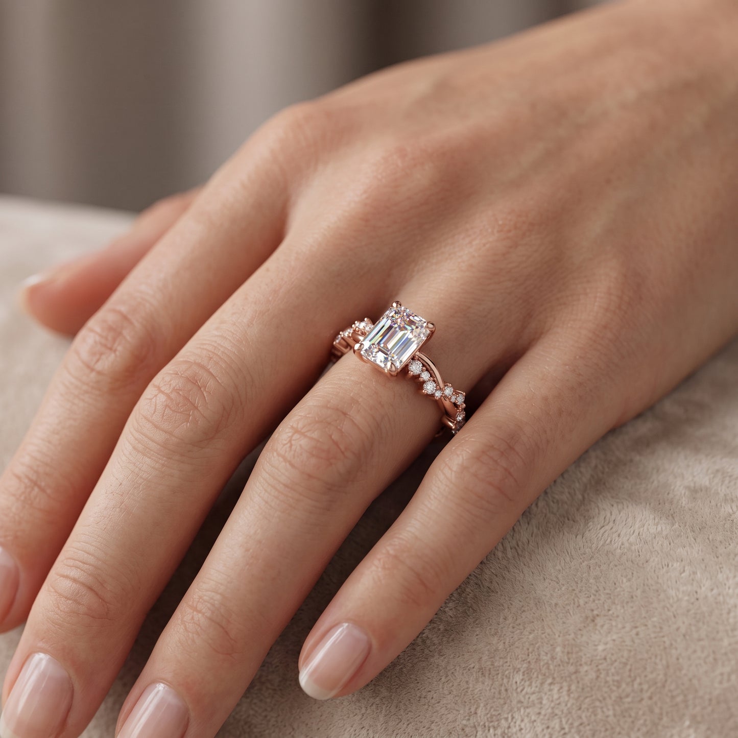 1.50ct Emerald cut  Lab Grown Diamond Twisted Pave Engagement Ring