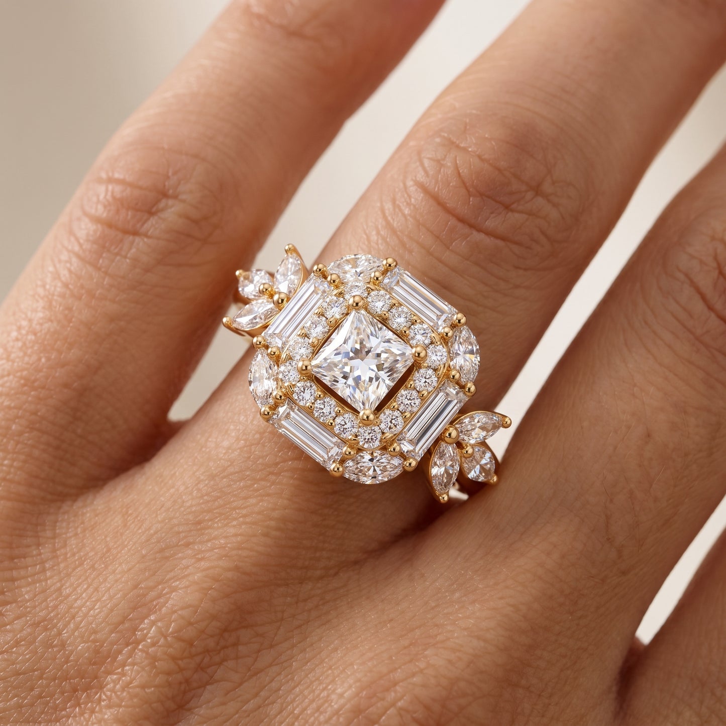 1.20 CT Princess Cut Lab Grown Diamond Floral Halo Engagement Ring, 14K Gold
