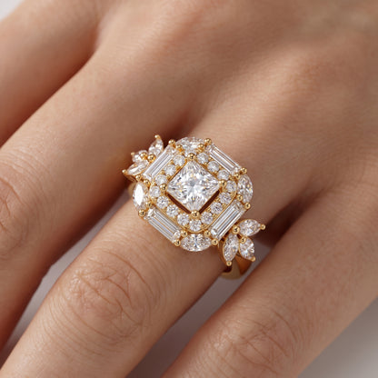 1.20 CT Princess Cut Lab Grown Diamond Floral Halo Engagement Ring, 14K Gold
