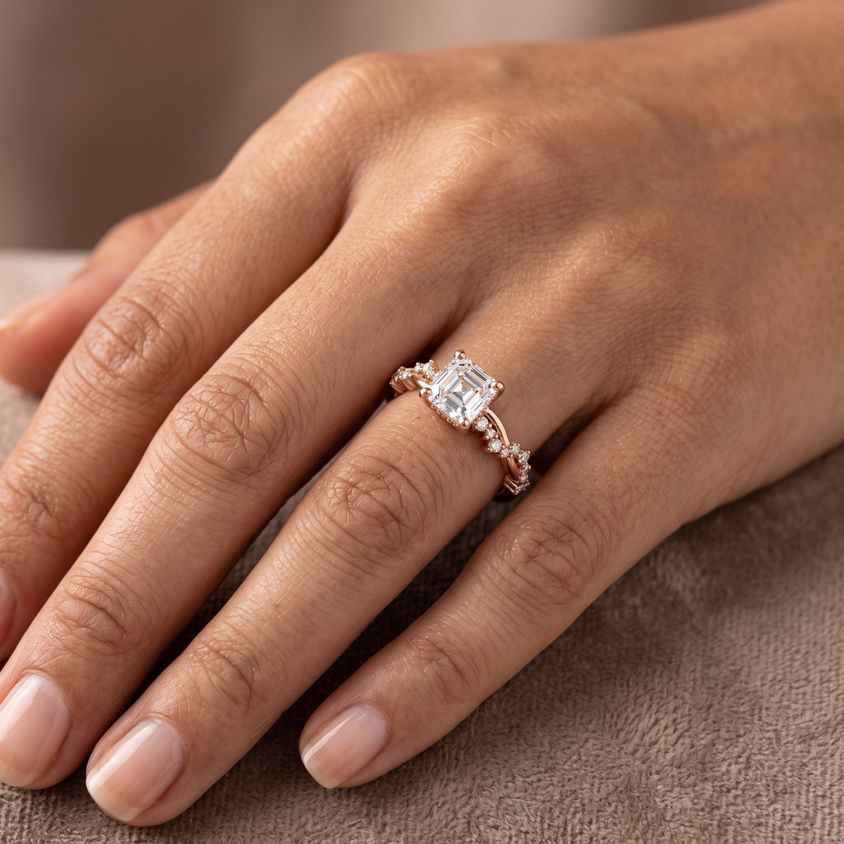 1. 1/4 Carat Asscher Cut Lab Grown Diamond Unique Twig and Leaf Ring