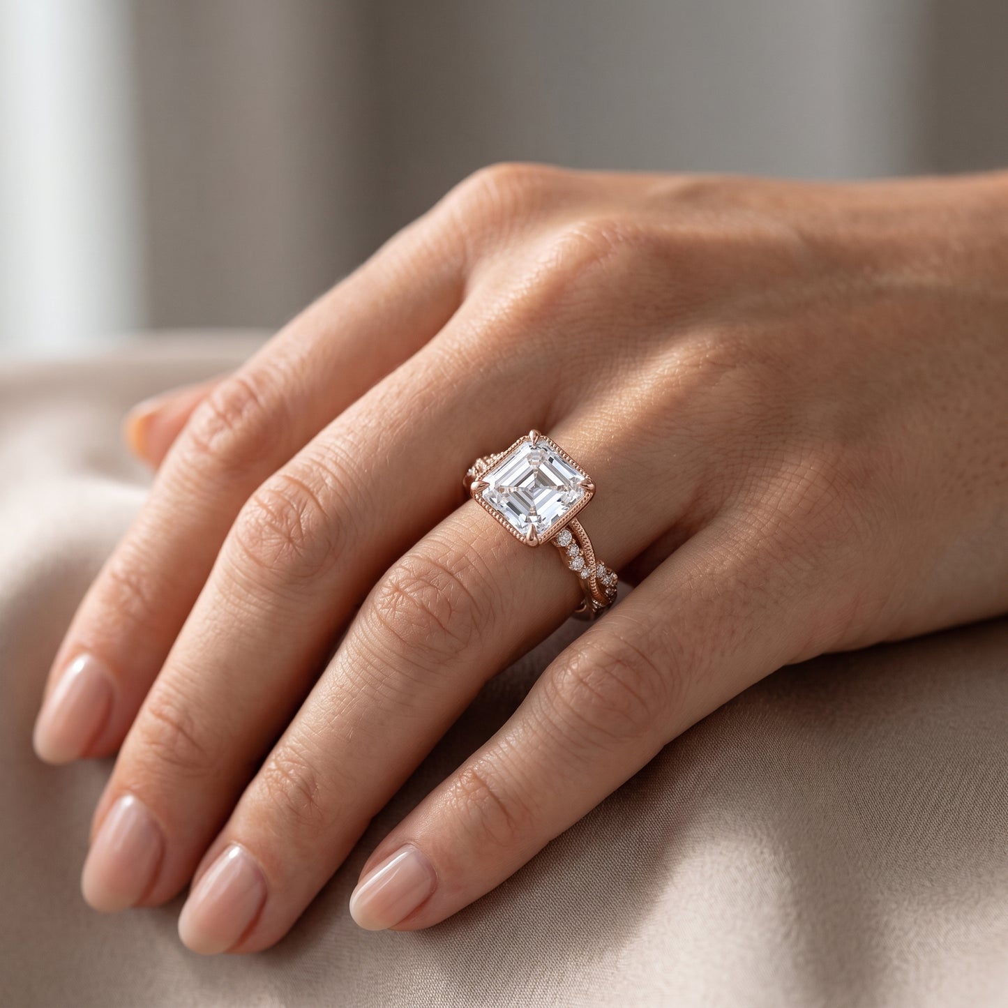 1. 1/4 Carat Asscher Cut Lab Grown Diamond Unique Twig and Leaf Ring