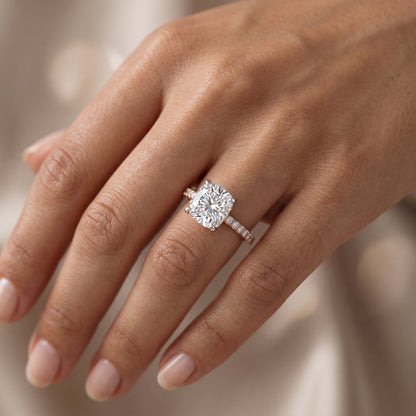 1. 1/4ct Cushion Cut Lab Grown Diamond Solitaire Engagement Ring, Pave Wedding Ring