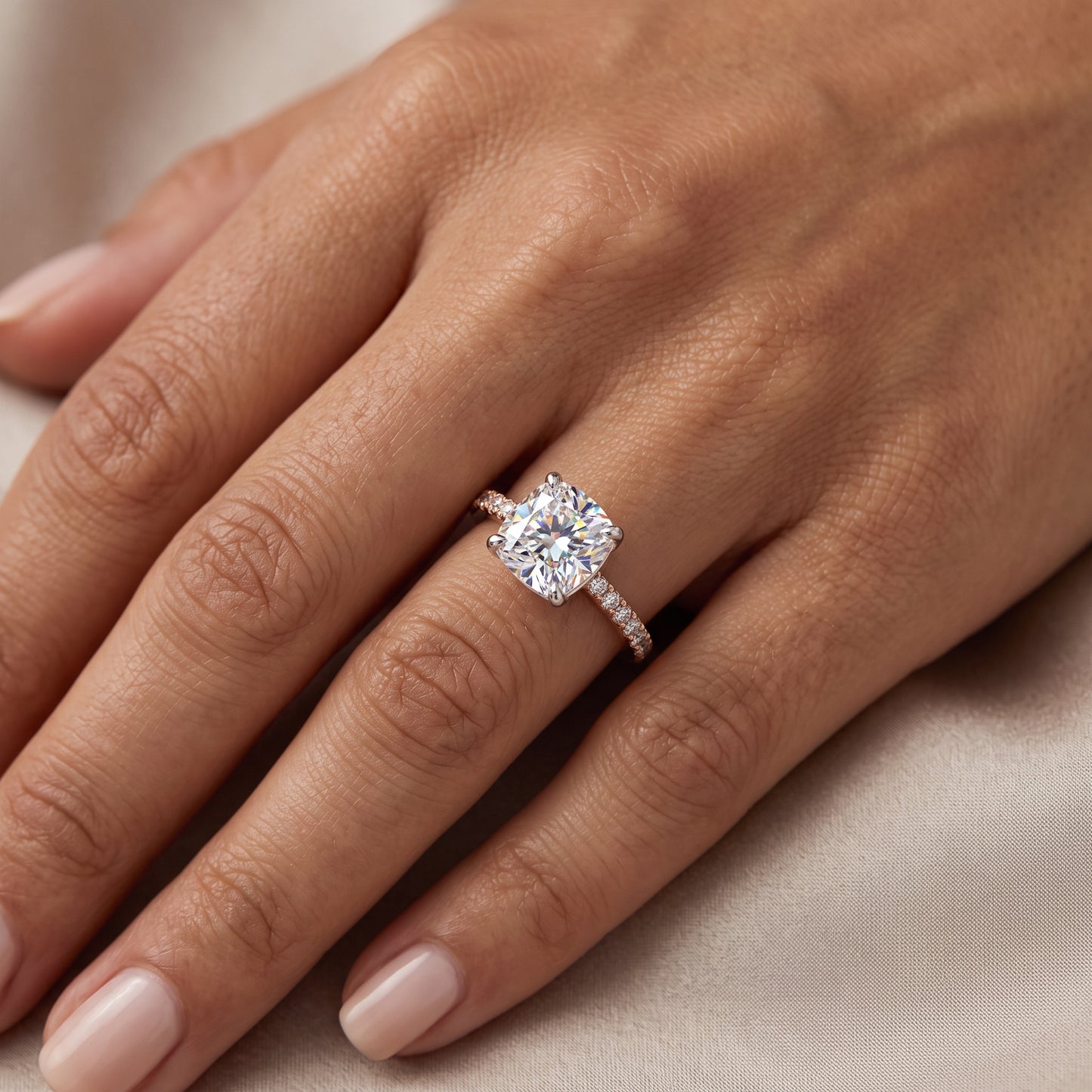 1. 1/4ct Cushion Cut Lab Grown Diamond Solitaire Engagement Ring, Pave Wedding Ring