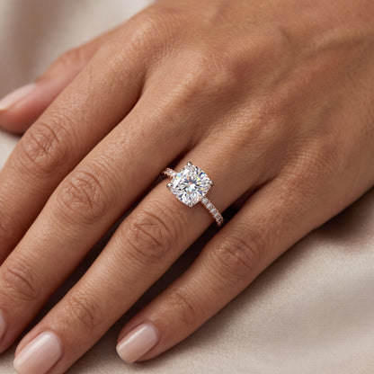 1. 1/4ct Cushion Cut Lab Grown Diamond Solitaire Engagement Ring, Pave Wedding Ring