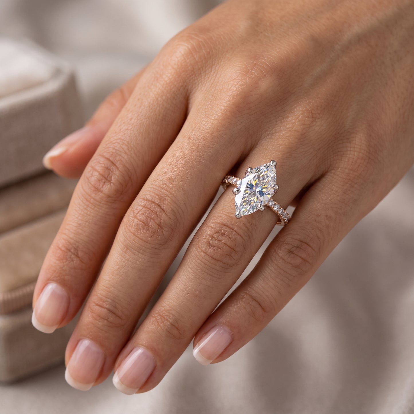 1.650 ct Marquise Cut  Lab Grown Diamond Solitaire Engagement Ring, Pave Wedding Ring