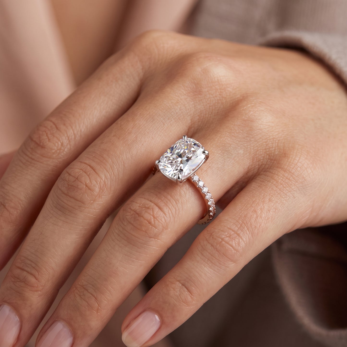 1. 5/8 ct Elongated Cushion Cut Lab Grown Diamond Solitaire Engagement Ring, Pave Wedding Ring